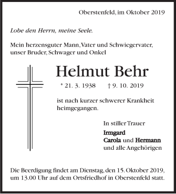 Traueranzeige von Helmut Behr von Marbacher Zeitung