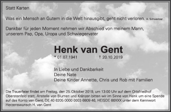 Traueranzeige von Henk  van Gent von Marbacher Zeitung