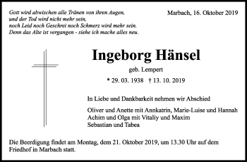 Traueranzeige von Ingeborg Hänsel von Marbacher Zeitung