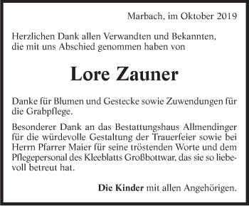 Traueranzeige von Lore Zauner von Marbacher Zeitung