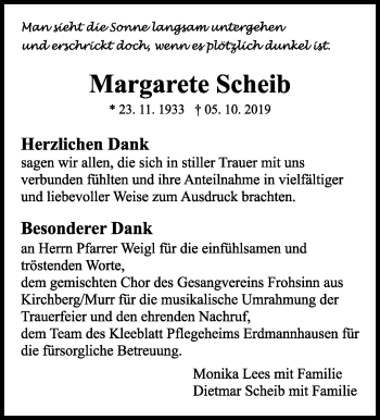 Traueranzeige von Margarete Scheib von Marbacher Zeitung