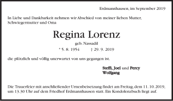 Traueranzeige von Regina Lorenz von Marbacher Zeitung