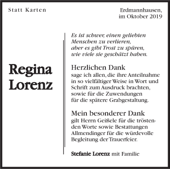 Traueranzeige von Regina Lorenz von Marbacher Zeitung
