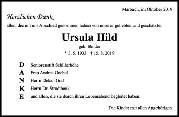 Traueranzeige von Ursula Hild von Marbacher Zeitung