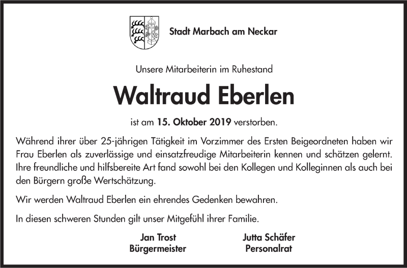  Traueranzeige für Waltraud Eberlen vom 22.10.2019 aus Marbacher Zeitung