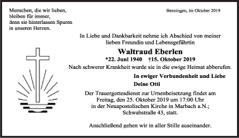 Traueranzeige von Waltraud Eberlen von Marbacher Zeitung