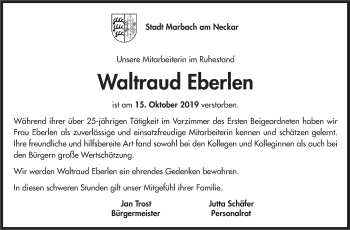 Traueranzeige von Waltraud Eberlen von Marbacher Zeitung