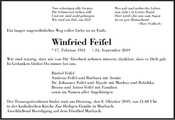 Traueranzeige von Winfried Feifel von Marbacher Zeitung
