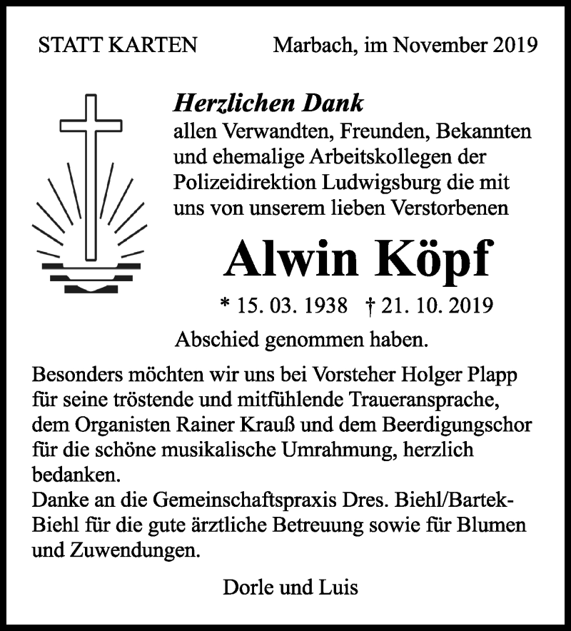  Traueranzeige für Alwin Köpf vom 15.11.2019 aus Marbacher Zeitung