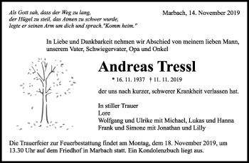 Traueranzeige von Andreas Tressl von Marbacher Zeitung