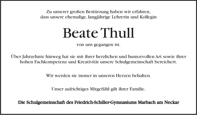  Traueranzeige für Beate Thull vom 13.11.2019 aus Marbacher Zeitung