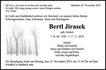 Traueranzeige von Bertl Jirasek von Marbacher Zeitung