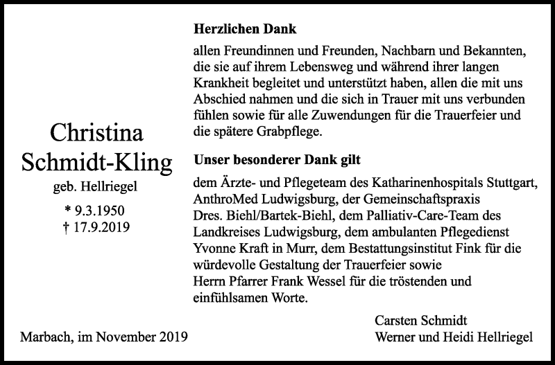  Traueranzeige für Christina Schmidt-Kling vom 02.11.2019 aus Marbacher Zeitung