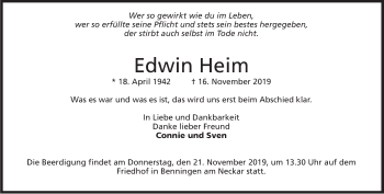 Traueranzeige von Edwin Heim von Marbacher Zeitung