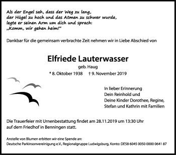Traueranzeige von Elfriede Lauterwasser von Marbacher Zeitung