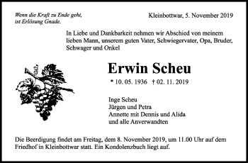 Traueranzeige von Erwin Scheu von Marbacher Zeitung
