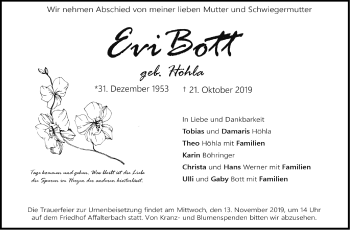 Traueranzeige von Evi Bott von Marbacher Zeitung
