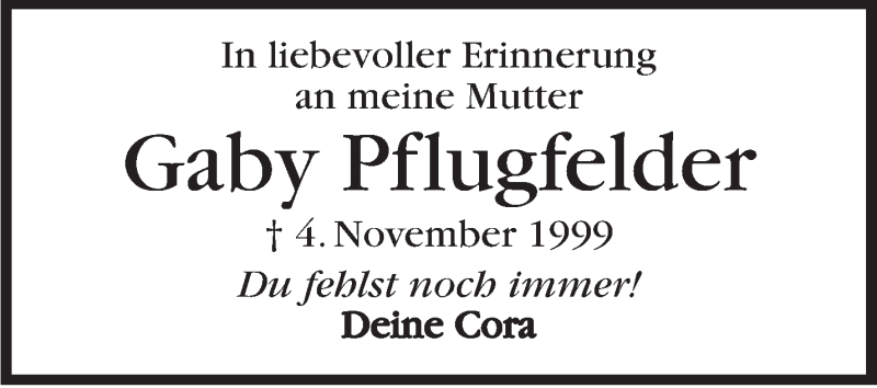  Traueranzeige für Gaby Pflugfelder vom 04.11.2019 aus Marbacher Zeitung