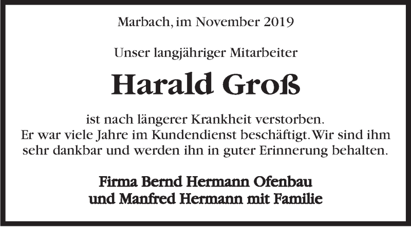  Traueranzeige für Harald Groß vom 12.11.2019 aus Marbacher Zeitung