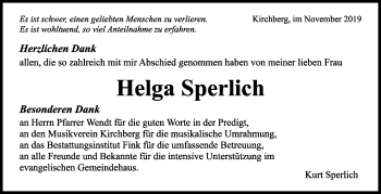 Traueranzeige von Helga Sperlich von Marbacher Zeitung