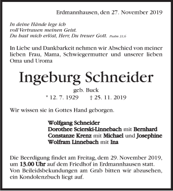 Traueranzeige von Ingeburg Schneider von Marbacher Zeitung