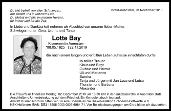 Traueranzeige von Lotte Bay von Marbacher Zeitung