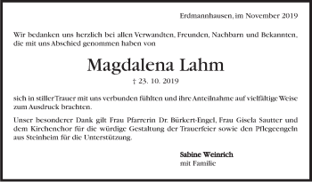 Traueranzeige von Magdalena Lahm von Marbacher Zeitung