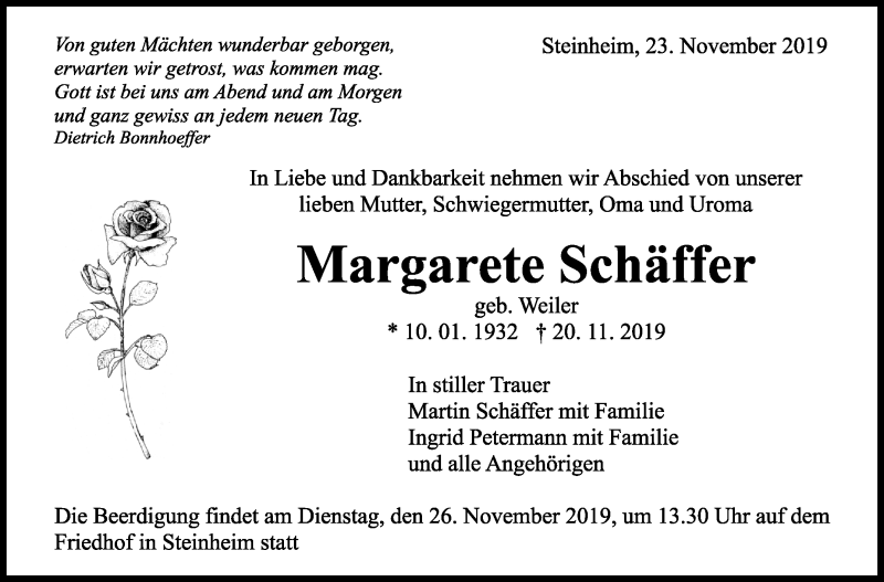  Traueranzeige für Margarete Schäffer vom 23.11.2019 aus Marbacher Zeitung