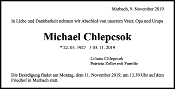 Traueranzeige von Michael Chlepcsok von Marbacher Zeitung