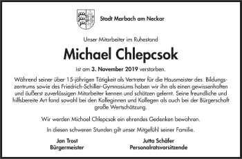 Traueranzeige von Michael Chlepcsok von Marbacher Zeitung