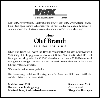 Traueranzeige von Olaf Brandt von Marbacher Zeitung