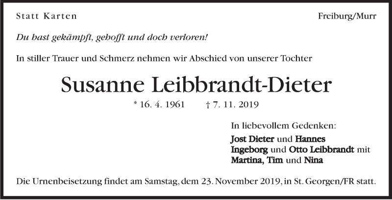  Traueranzeige für Susanne Leibbrandt-Dieter vom 22.11.2019 aus Marbacher Zeitung