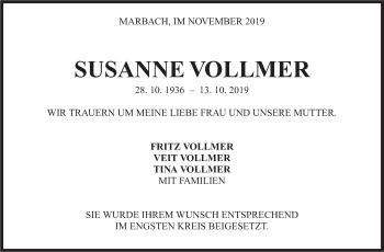 Traueranzeige von Susanne Vollmer von Marbacher Zeitung