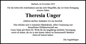 Traueranzeige von Theresia Unger von Marbacher Zeitung