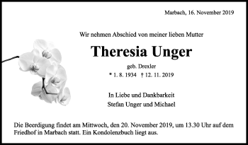 Traueranzeige von Theresia Unger von Marbacher Zeitung