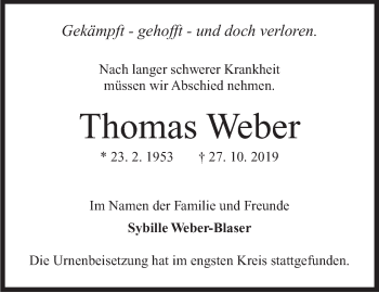 Traueranzeige von Thomas Weber  von Marbacher Zeitung