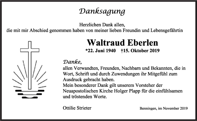  Traueranzeige für Waltraud Eberlen vom 09.11.2019 aus Marbacher Zeitung