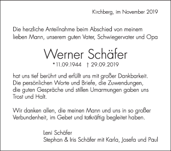 Traueranzeige von Werner Schäfer von Marbacher Zeitung