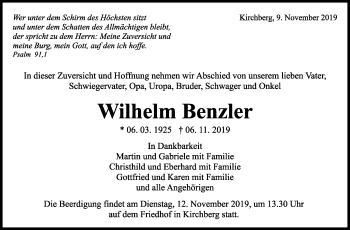Traueranzeige von Wilhelm Benzler von Marbacher Zeitung