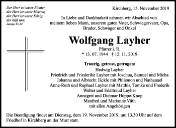 Traueranzeige von Wolfgang Layher von Marbacher Zeitung
