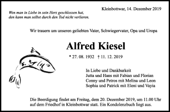 Traueranzeige von Alfred Kiesel von Marbacher Zeitung