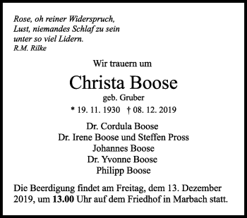 Traueranzeige von Christa Boose von Marbacher Zeitung