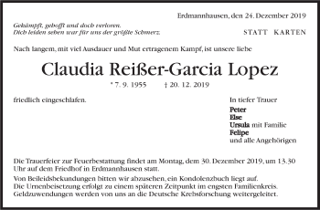 Traueranzeige von Claudia Reißer-Garcia Lopez von Marbacher Zeitung