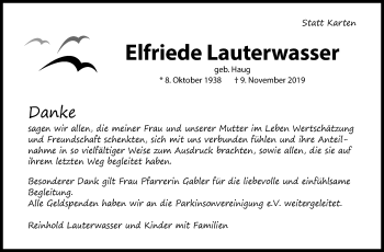 Traueranzeige von Elfriede Lauterwasser von Marbacher Zeitung