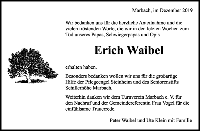  Traueranzeige für Erich Waibel vom 10.12.2019 aus Marbacher Zeitung