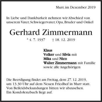 Traueranzeige von Gerhard Zimmermann von Marbacher Zeitung