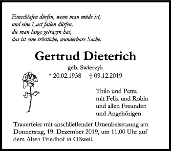 Traueranzeige von Gertrud Dieterich von Marbacher Zeitung