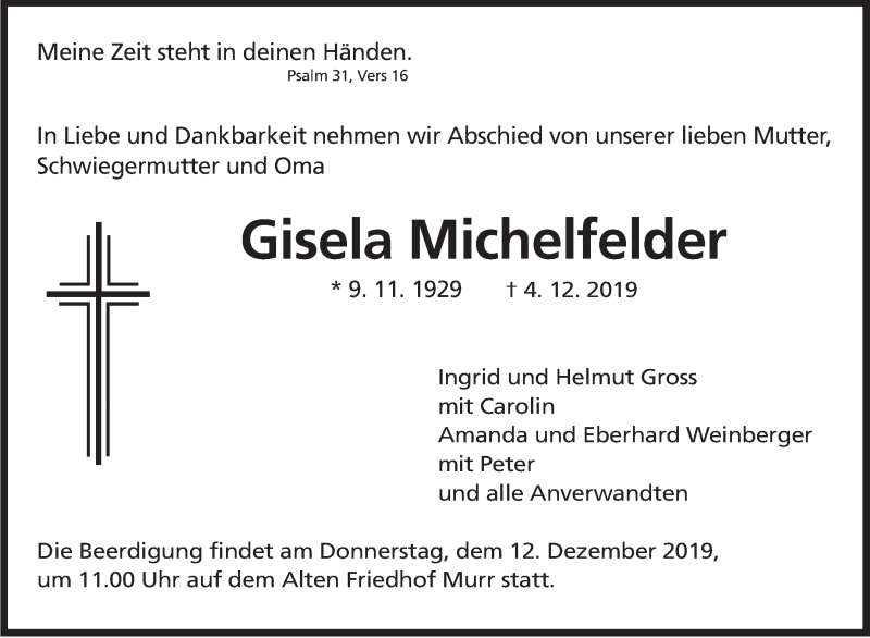  Traueranzeige für Gisela Michelfelder vom 09.12.2019 aus Marbacher Zeitung