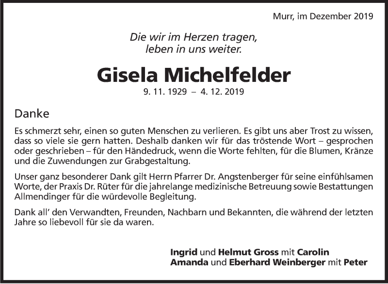  Traueranzeige für Gisela Michelfelder vom 21.12.2019 aus Marbacher Zeitung