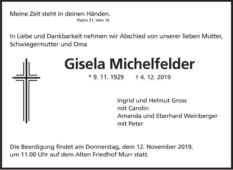  Traueranzeige für Gisela Michelfelder vom 07.12.2019 aus Marbacher Zeitung